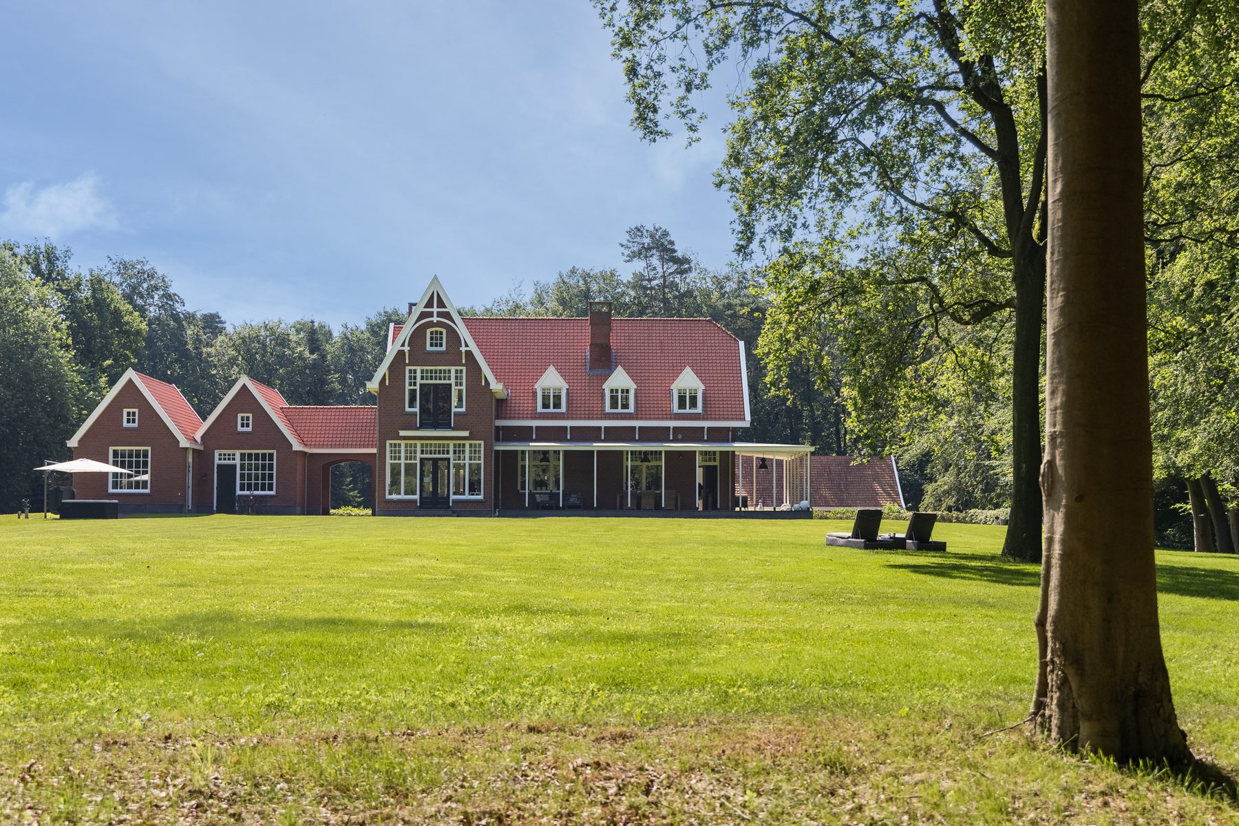 Het landhuis gezien vanaf de bosrand, tussen de beuken