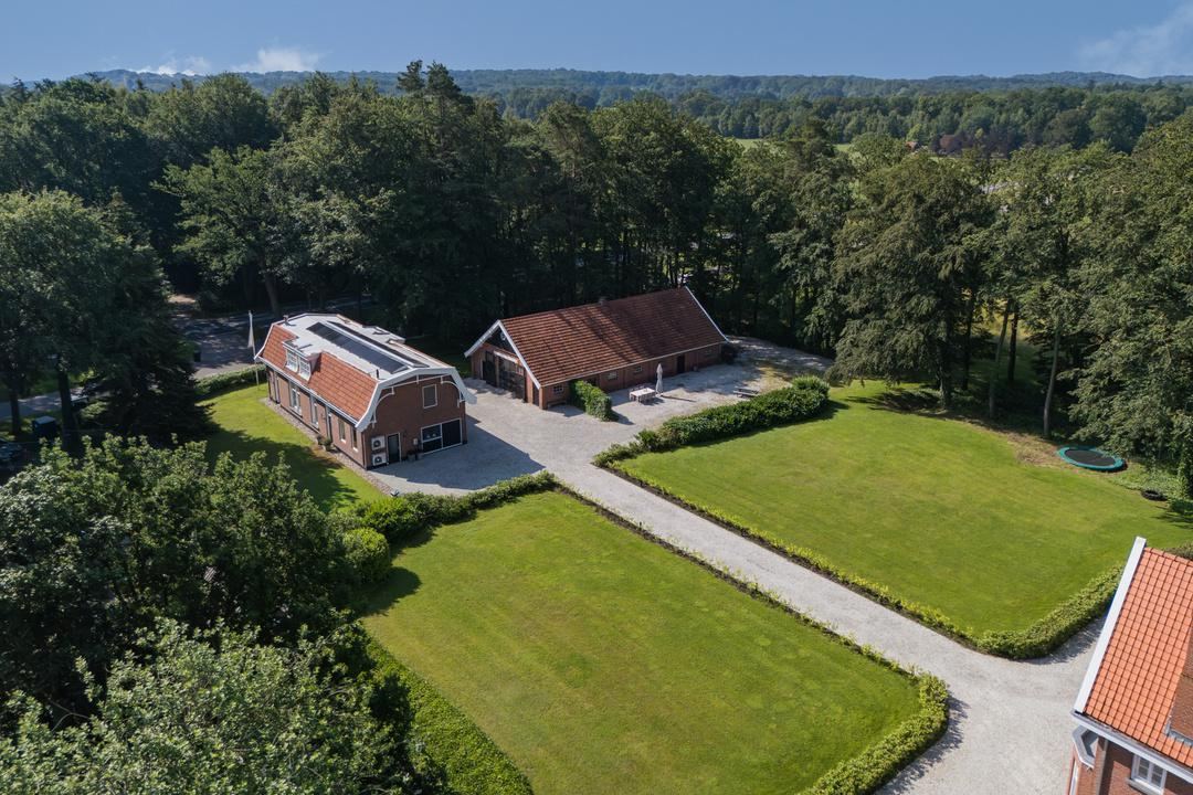 De oprijlaan gezien vanuit de lucht, met het landhuis aan het einde